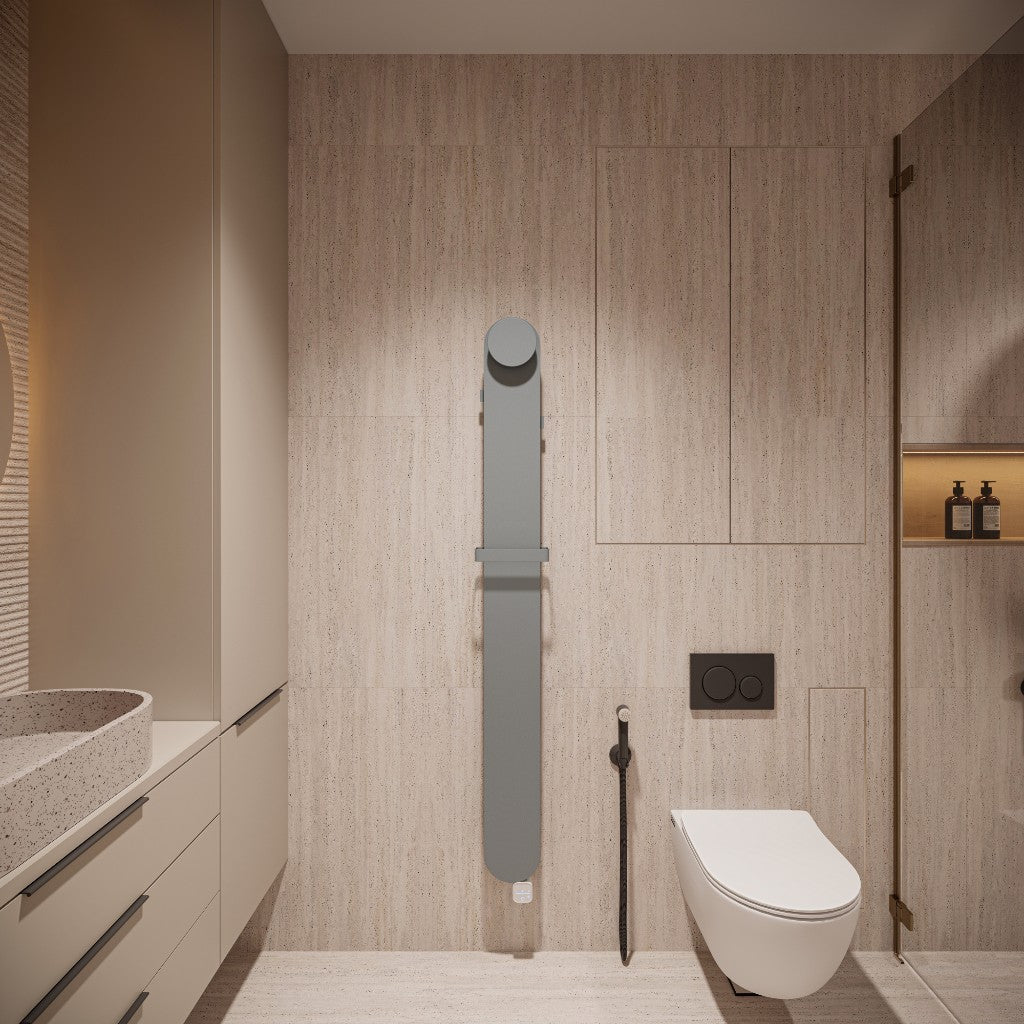 Model O stone grey 160x1600 — designradiator front in badkamer