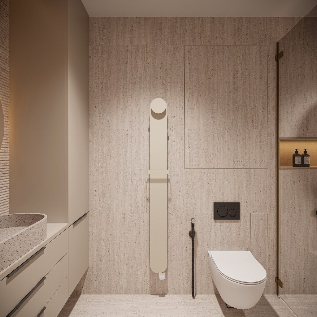 Model O soft linen 160x1600 — designradiator front in badkamer