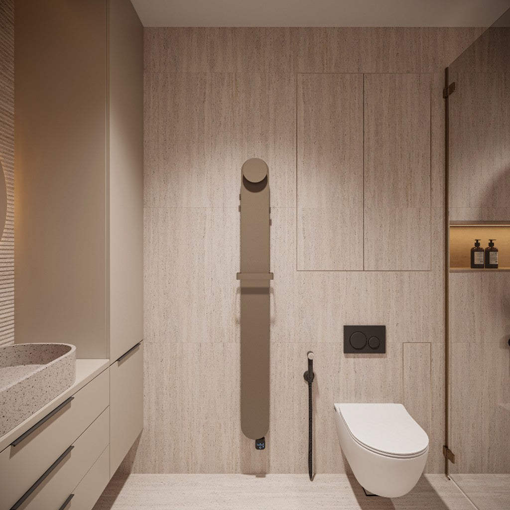 Model O urban taupe 160x1600 — designradiator front in badkamer