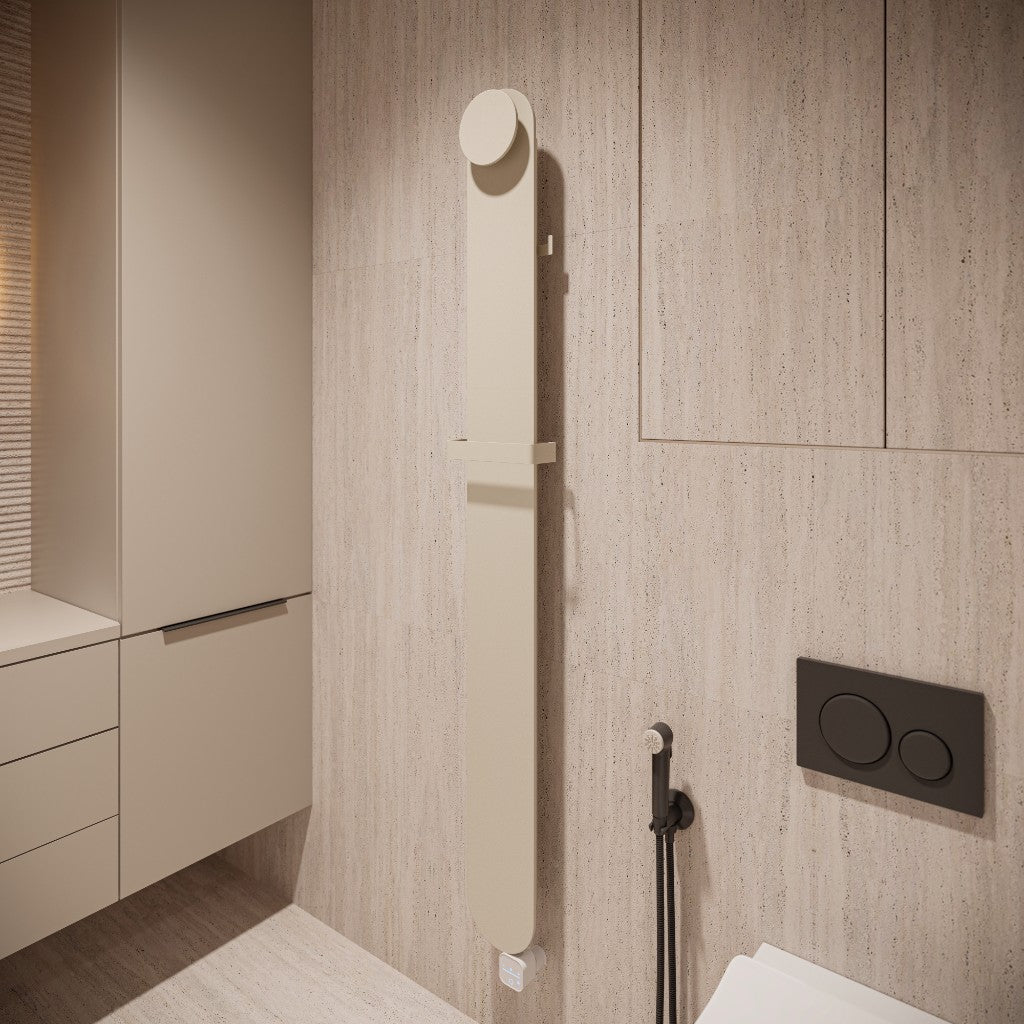 Model O soft linen 160x1600 — schuin aanzicht in badkamer