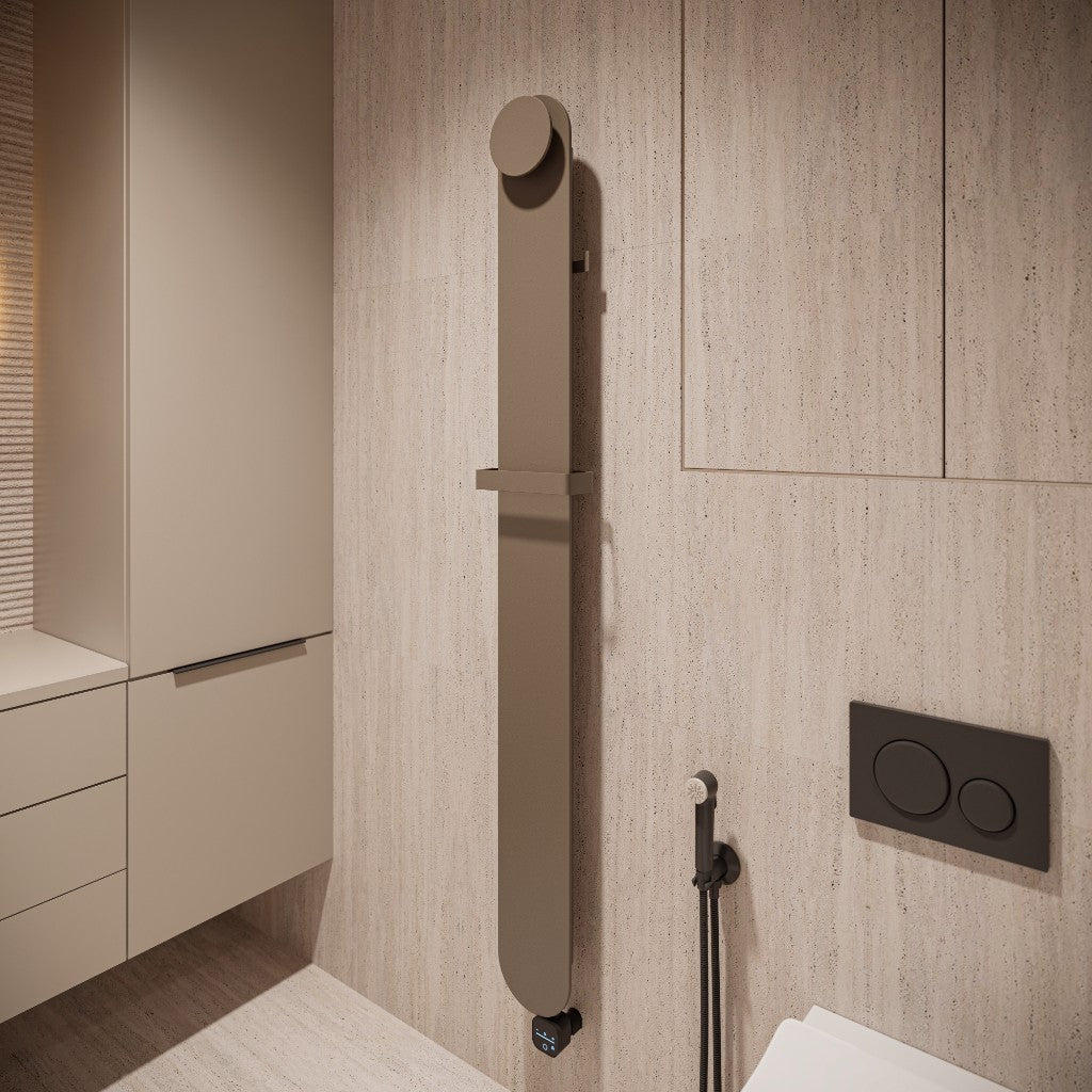 Model O urban taupe 160x1600 — schuin aanzicht in badkamer
