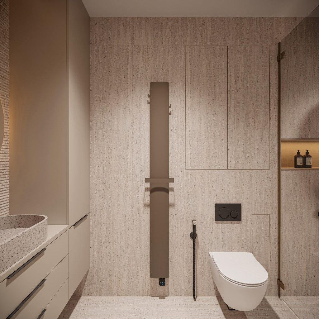 Stilo urban taupe 1800x170 — designradiator front in badkamer